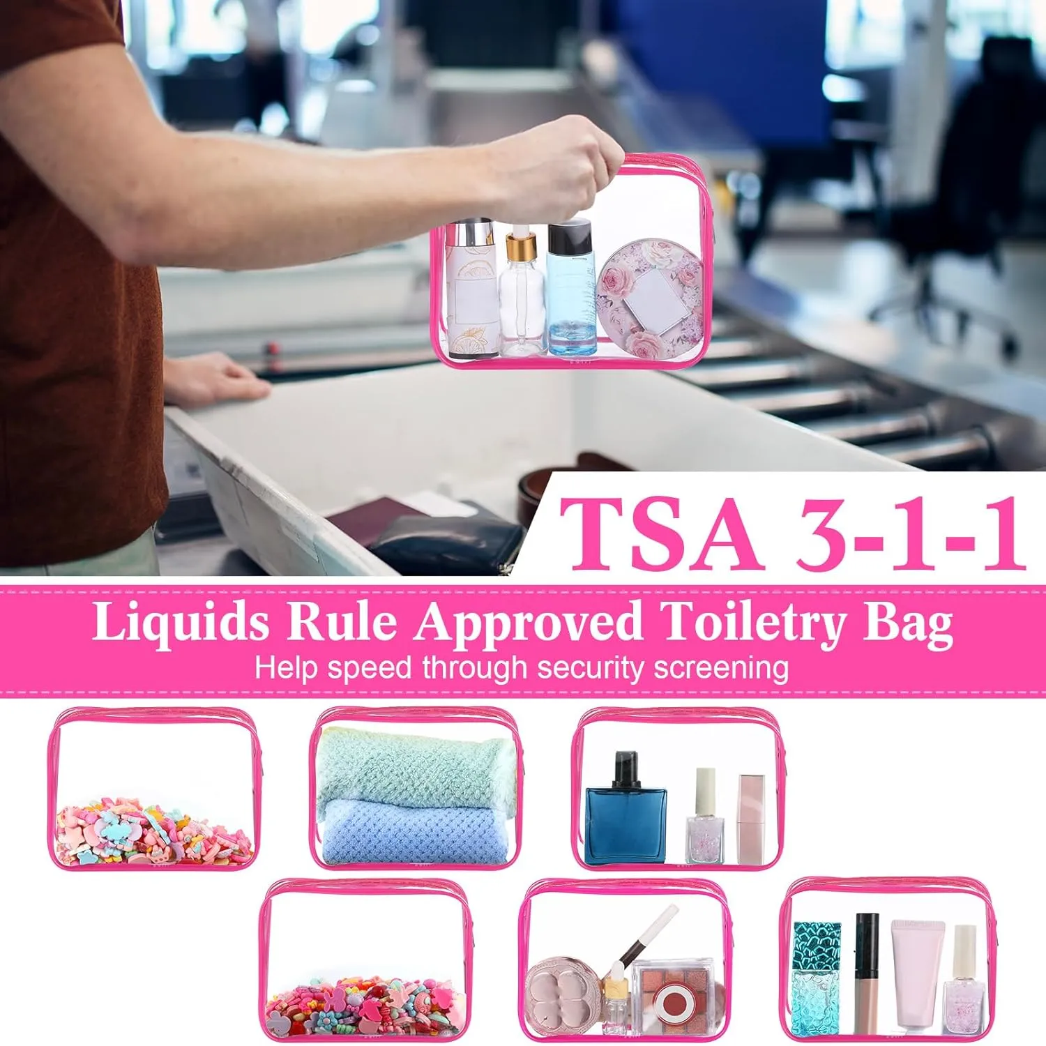 Cunno 60 Pcs Clear Toiletry Bag TSA Approved Cosmetic Bag Bulk Makeup Bag Travel Carry Airport Airline Compliant Bag for Women Men Summer Vacation Salon Mother Gift(Rose Pink)