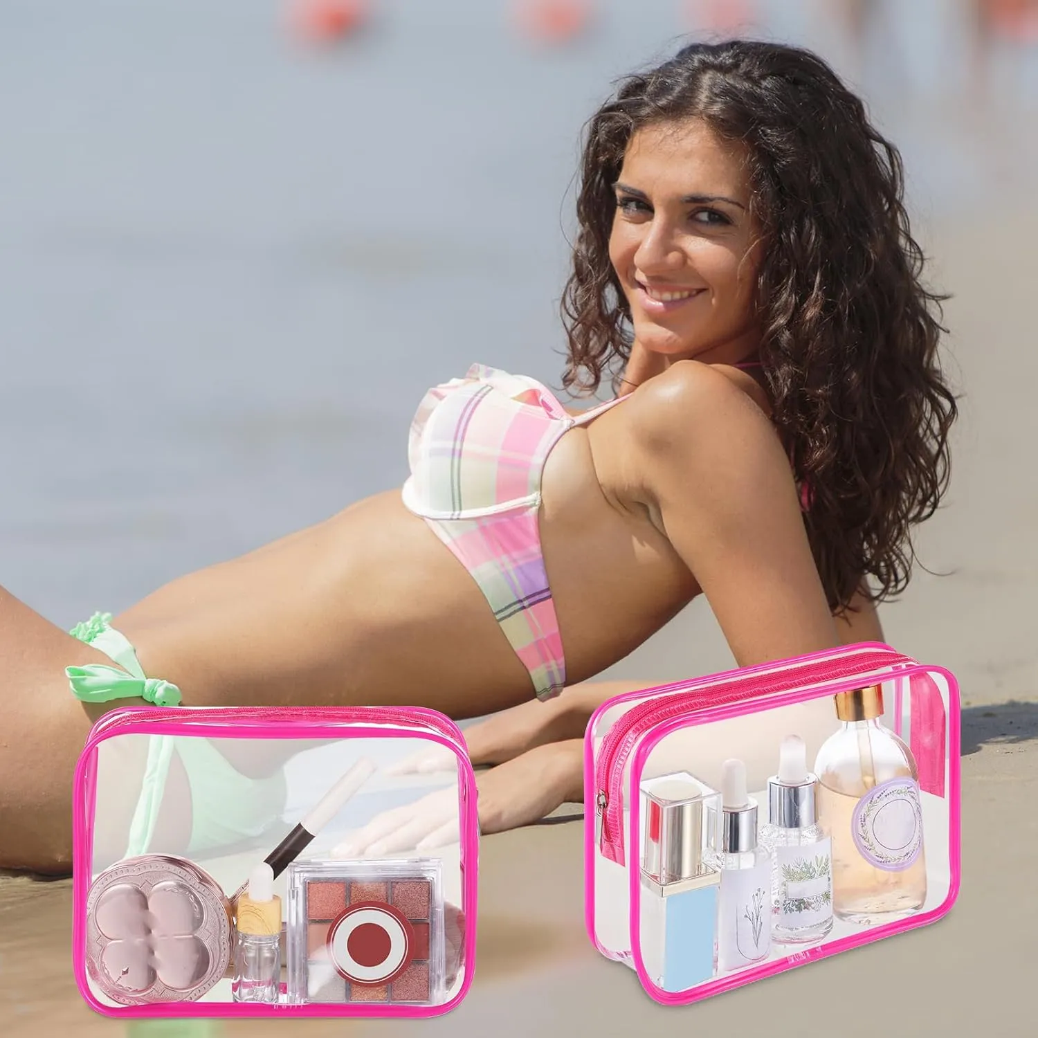 Cunno 60 Pcs Clear Toiletry Bag TSA Approved Cosmetic Bag Bulk Makeup Bag Travel Carry Airport Airline Compliant Bag for Women Men Summer Vacation Salon Mother Gift(Rose Pink)
