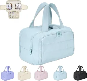 Cureaway Travel Cosmetic Bag, Large Capacity Wide-Open Travel Cosmetic Bag, Waterproof Portable Pouch Open Flat Toiletry Bags for Women With Divider And Handle (Blue)