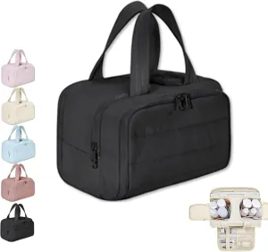 Cureaway Travel Cosmetic Bag,Large Capacity Wide-Open Travel Cosmetic Bag,Waterproof Portable Pouch Open Flat Toiletry Bags for Women with Divider and Handle (Black)