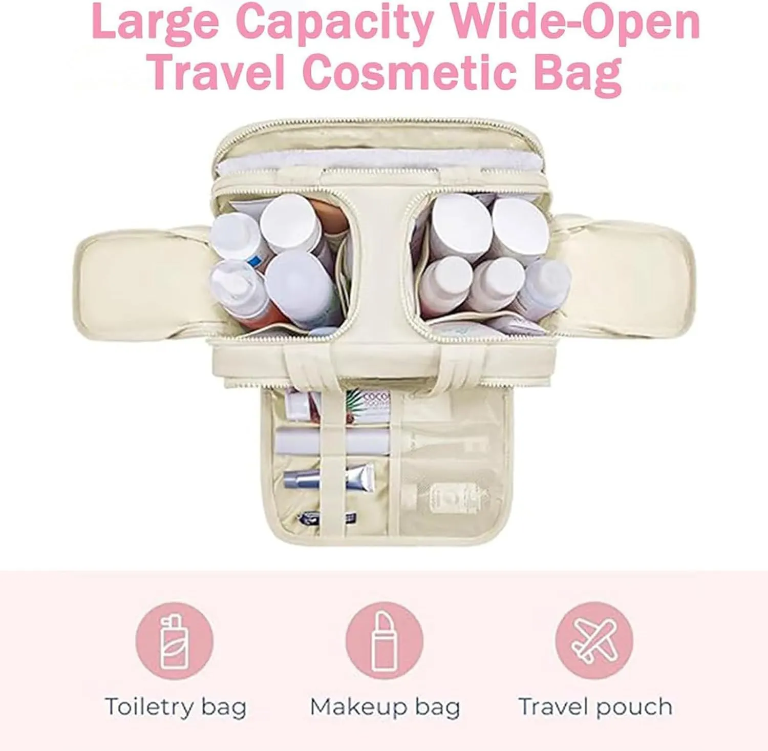 Cureaway Travel Cosmetic Bag,Large Capacity Wide-Open Travel Cosmetic Bag,Waterproof Portable Pouch Open Flat Toiletry Bags for Women with Divider and Handle (Light Purple)
