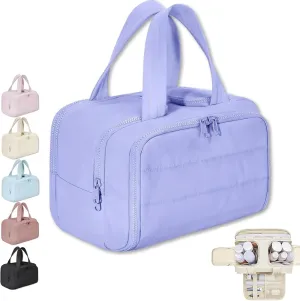 Cureaway Travel Cosmetic Bag,Large Capacity Wide-Open Travel Cosmetic Bag,Waterproof Portable Pouch Open Flat Toiletry Bags for Women with Divider and Handle (Light Purple)
