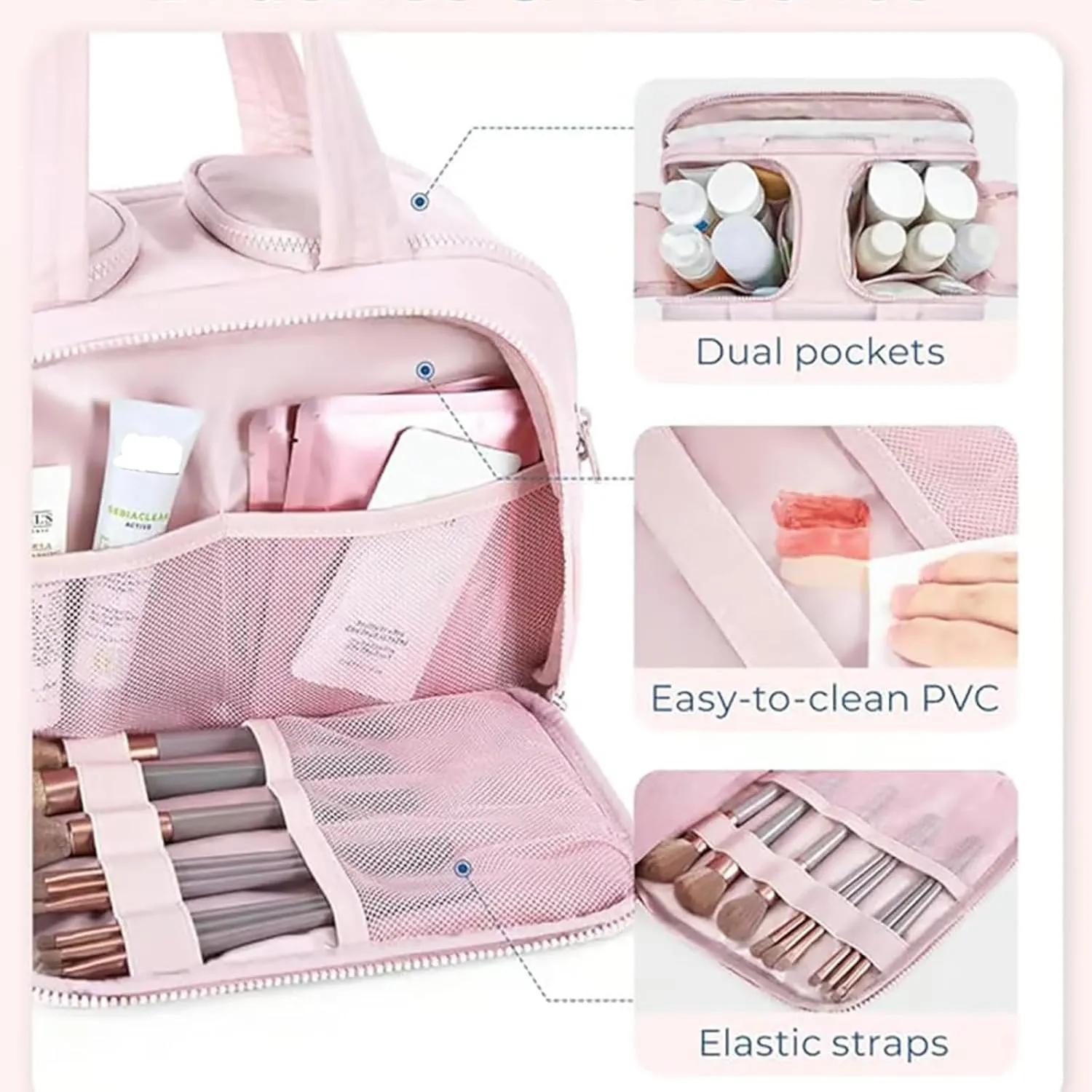 Cureaway Travel Cosmetic Bag,Large Capacity Wide-Open Travel Cosmetic Bag,Waterproof Portable Pouch Open Flat Toiletry Bags for Women with Divider and Handle (Light Purple)