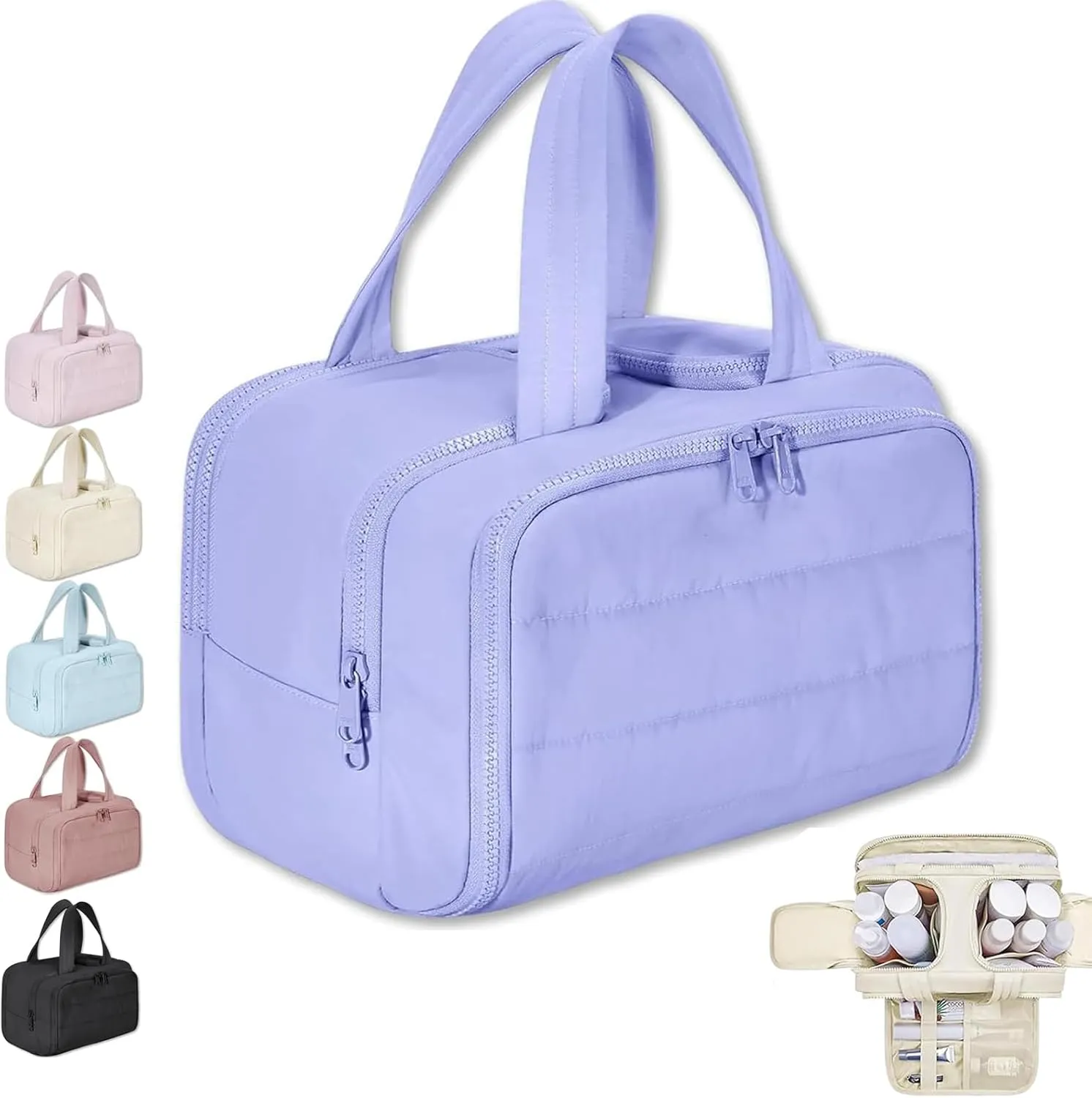 Cureaway Travel Cosmetic Bag,Large Capacity Wide-Open Travel Cosmetic Bag,Waterproof Portable Pouch Open Flat Toiletry Bags for Women with Divider and Handle (Light Purple)
