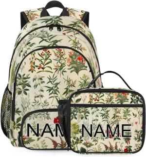 Custom Boho Wildflower Backpack and Lunch Box Set Personalized Backpack with Name, Customized Vintage Floral Lightweight Waterproof Travel Casual Daypacks
