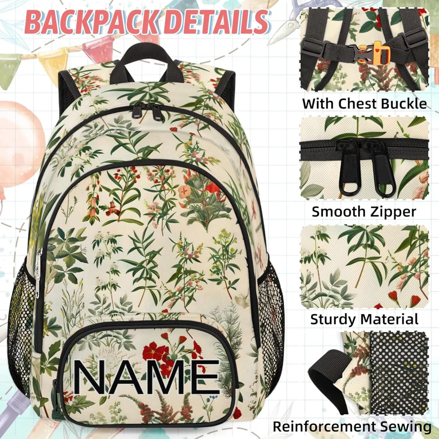 Custom Boho Wildflower Backpack and Lunch Box Set Personalized Backpack with Name, Customized Vintage Floral Lightweight Waterproof Travel Casual Daypacks