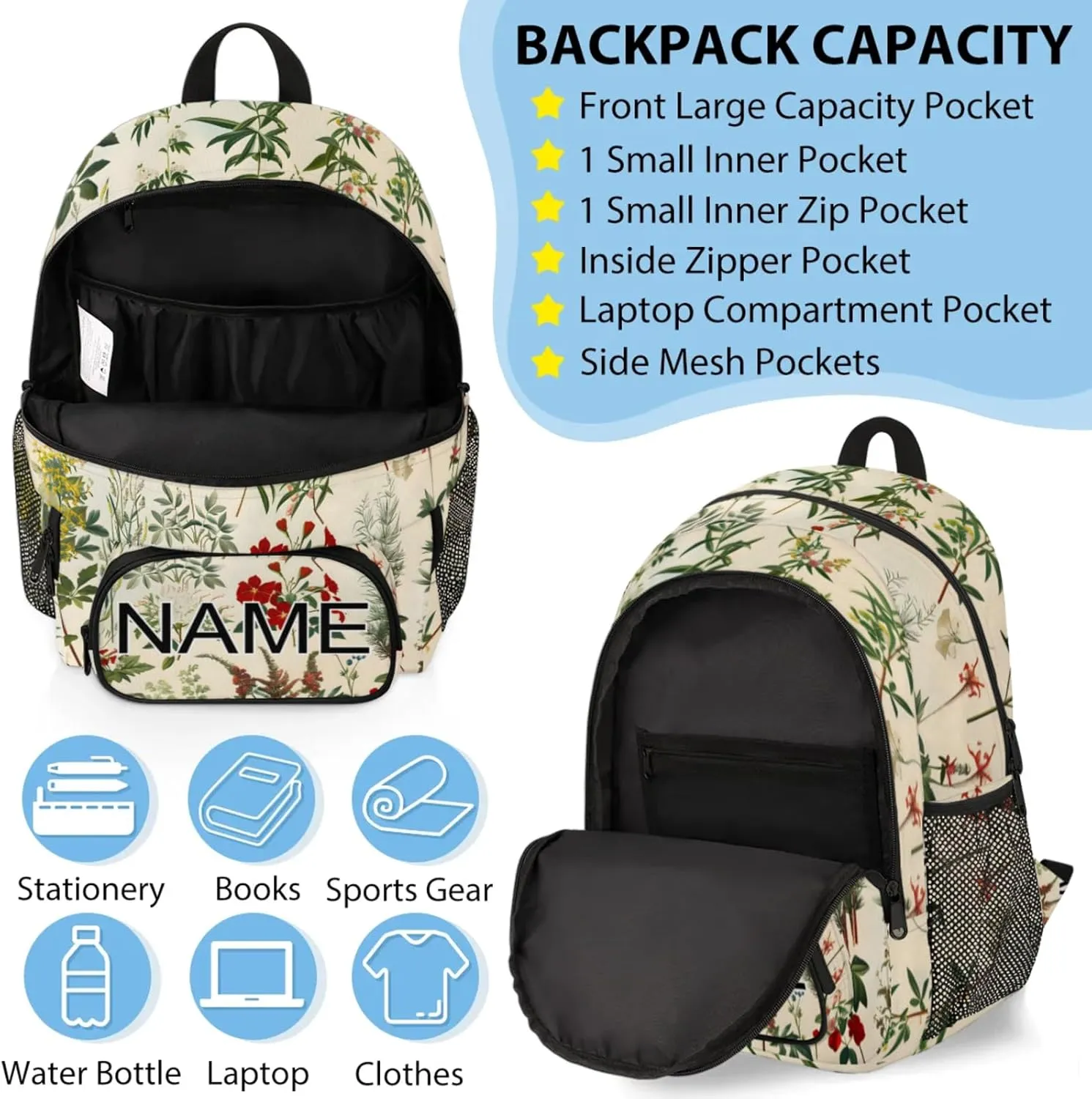 Custom Boho Wildflower Backpack and Lunch Box Set Personalized Backpack with Name, Customized Vintage Floral Lightweight Waterproof Travel Casual Daypacks