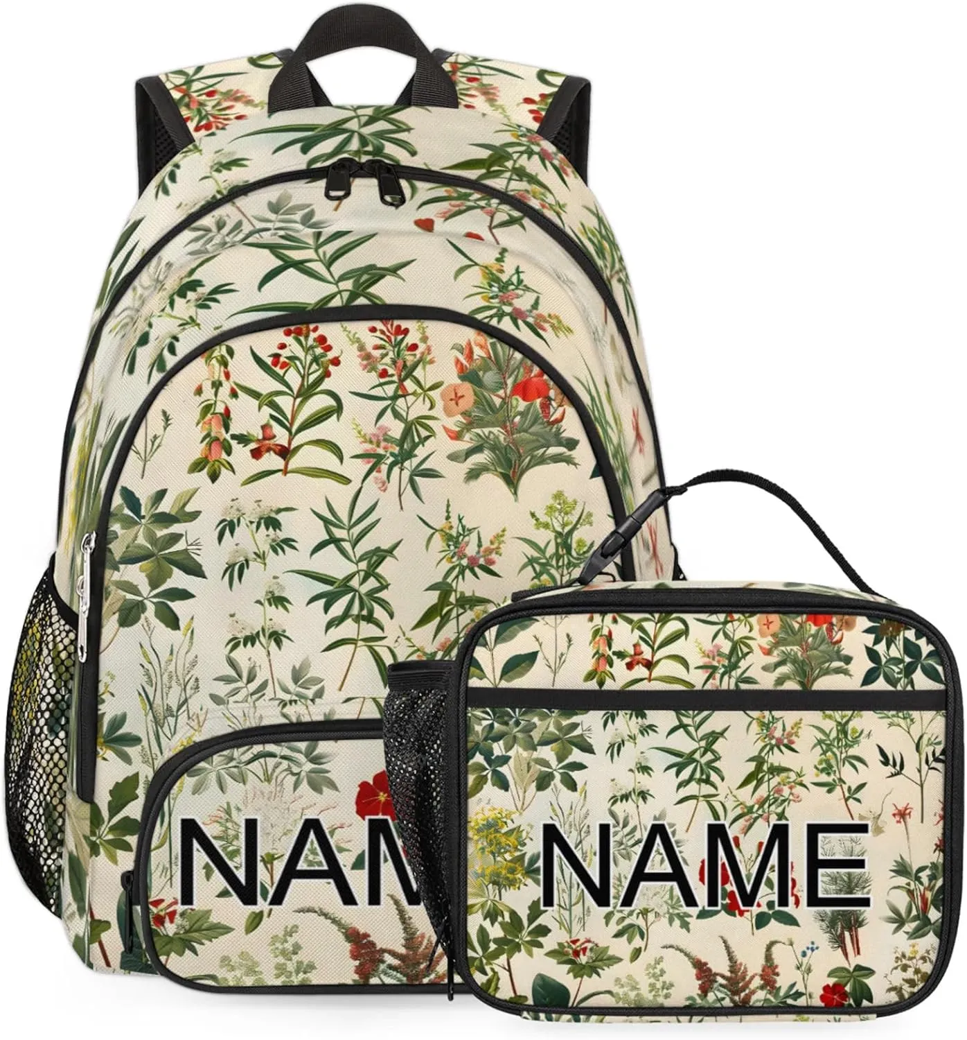 Custom Boho Wildflower Backpack and Lunch Box Set Personalized Backpack with Name, Customized Vintage Floral Lightweight Waterproof Travel Casual Daypacks