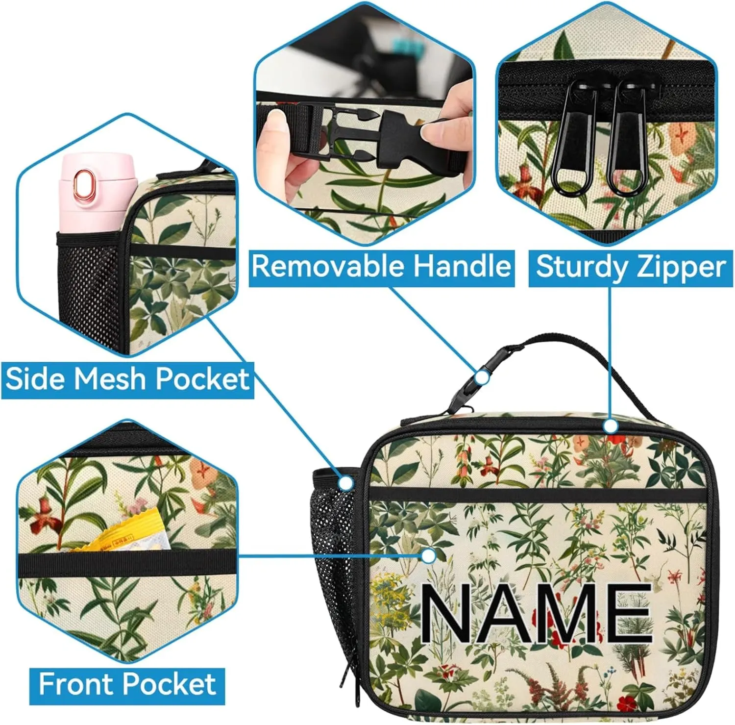 Custom Boho Wildflower Backpack and Lunch Box Set Personalized Backpack with Name, Customized Vintage Floral Lightweight Waterproof Travel Casual Daypacks