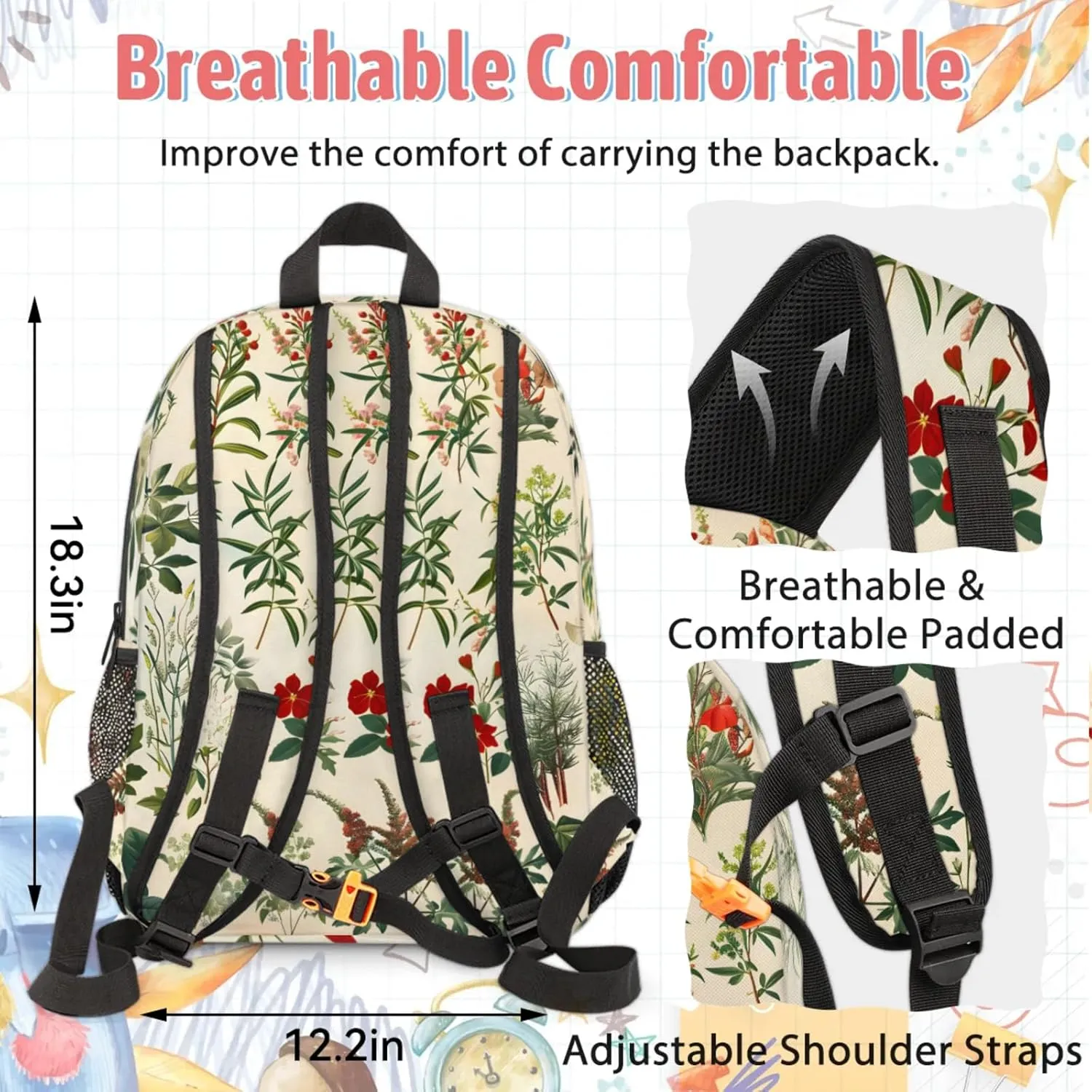 Custom Boho Wildflower Backpack and Lunch Box Set Personalized Backpack with Name, Customized Vintage Floral Lightweight Waterproof Travel Casual Daypacks