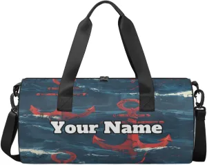 Custom Gym Bag for Women Men with Name, Personalized Vintage Anchor Theme Duffel Bag for Sports, Waterproof Dance Bag, Lightweight Carryon Gym Bag, Nautical