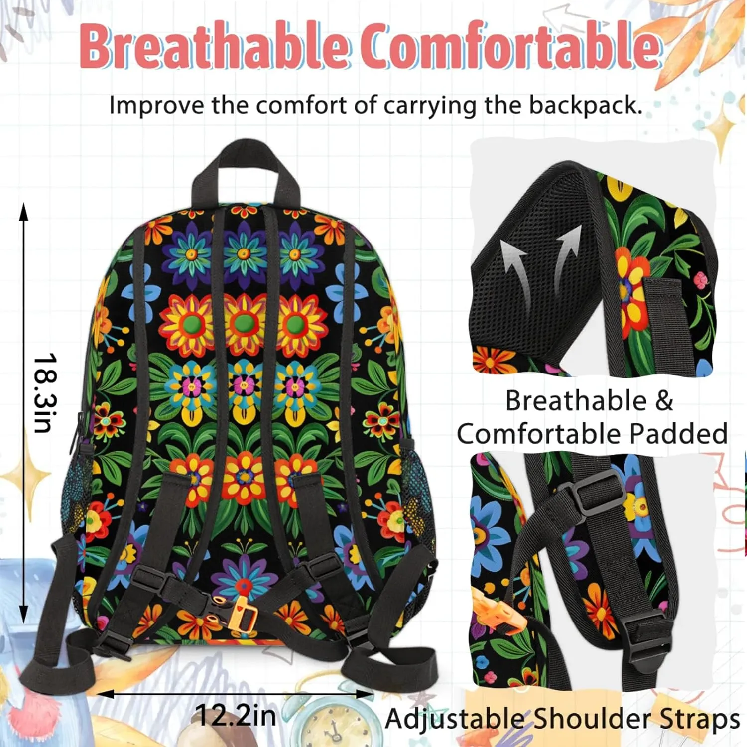 Custom Mexican Floral Backpack and Lunch Box Set Personalized Backpack with Name, Customized Vintage Retro Lightweight Waterproof Travel Casual Daypacks