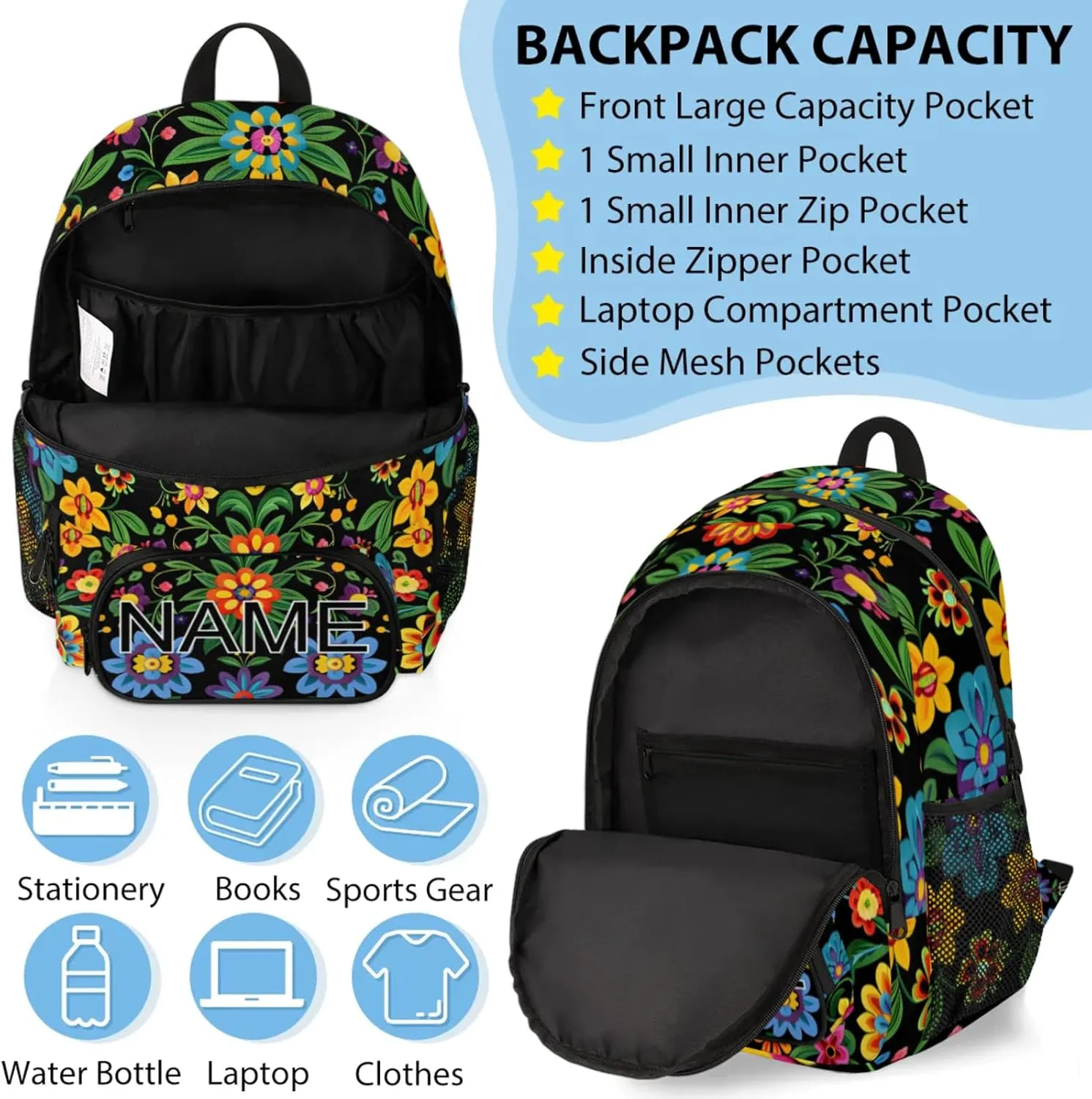 Custom Mexican Floral Backpack and Lunch Box Set Personalized Backpack with Name, Customized Vintage Retro Lightweight Waterproof Travel Casual Daypacks