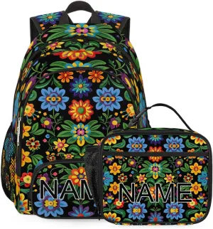 Custom Mexican Floral Backpack and Lunch Box Set Personalized Backpack with Name, Customized Vintage Retro Lightweight Waterproof Travel Casual Daypacks
