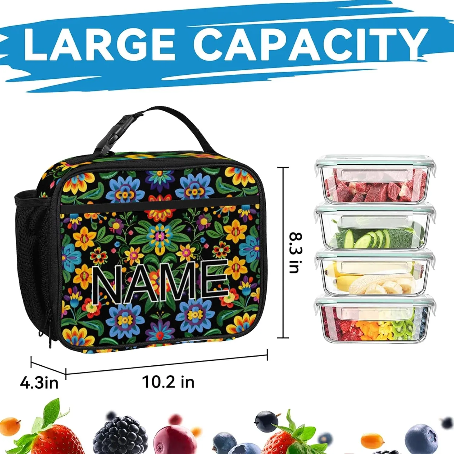 Custom Mexican Floral Backpack and Lunch Box Set Personalized Backpack with Name, Customized Vintage Retro Lightweight Waterproof Travel Casual Daypacks