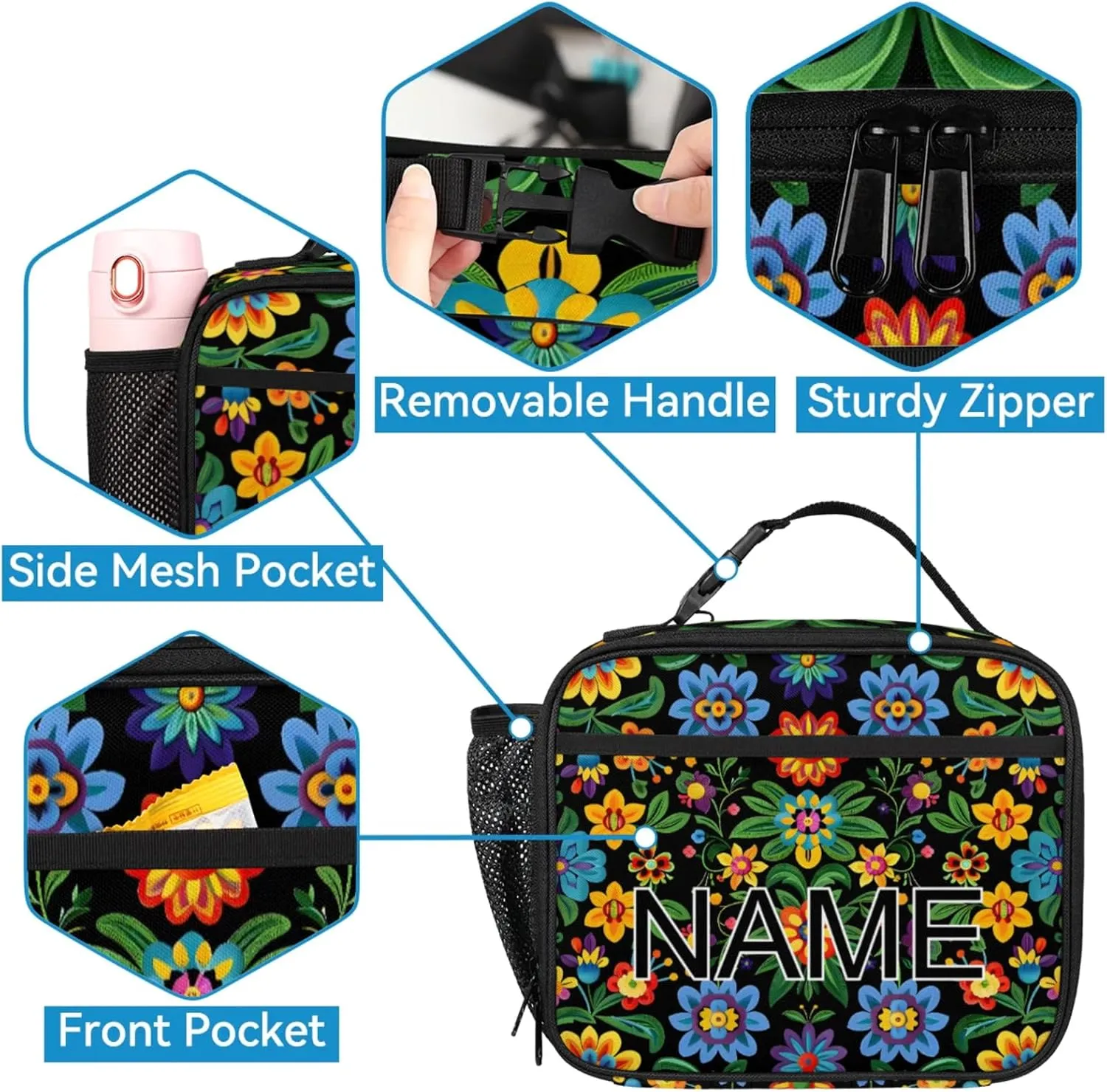 Custom Mexican Floral Backpack and Lunch Box Set Personalized Backpack with Name, Customized Vintage Retro Lightweight Waterproof Travel Casual Daypacks