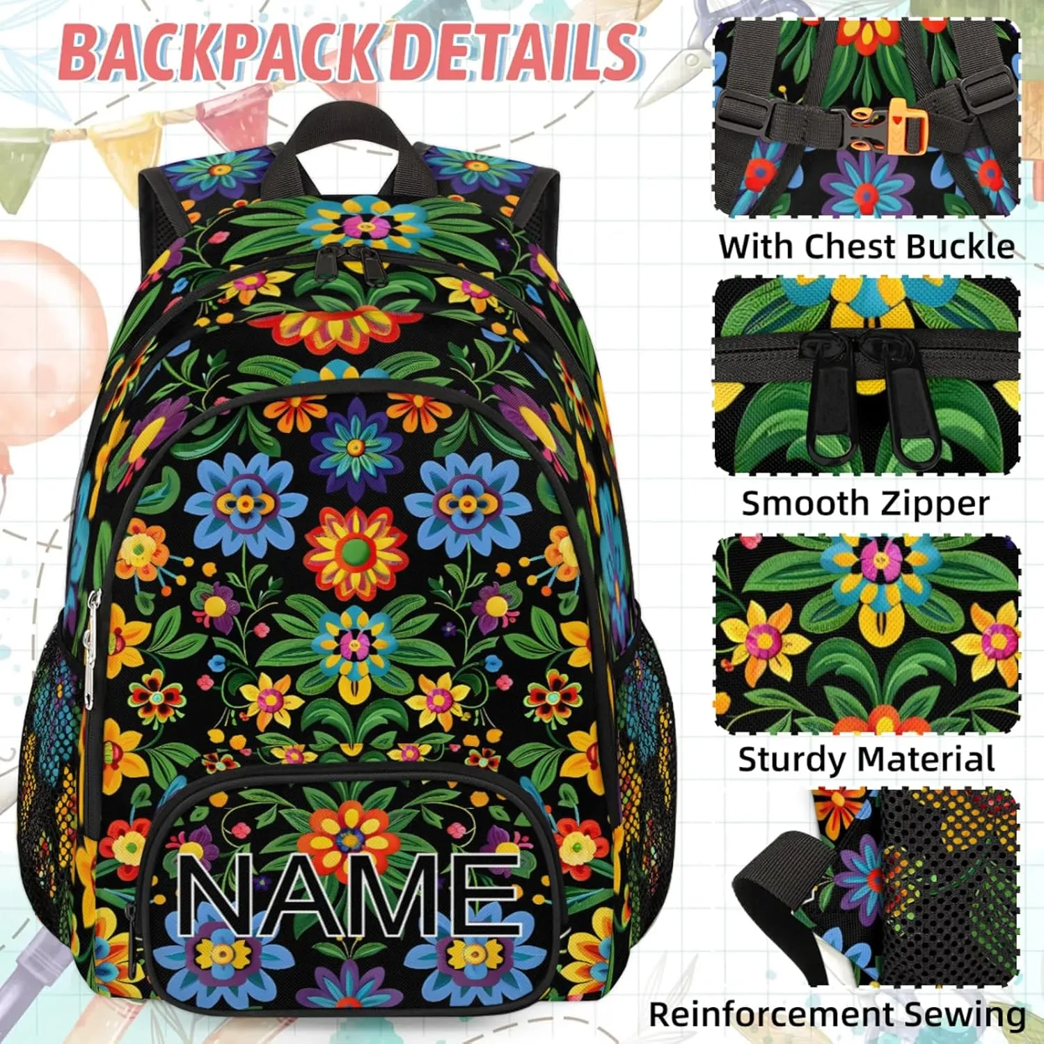 Custom Mexican Floral Backpack and Lunch Box Set Personalized Backpack with Name, Customized Vintage Retro Lightweight Waterproof Travel Casual Daypacks