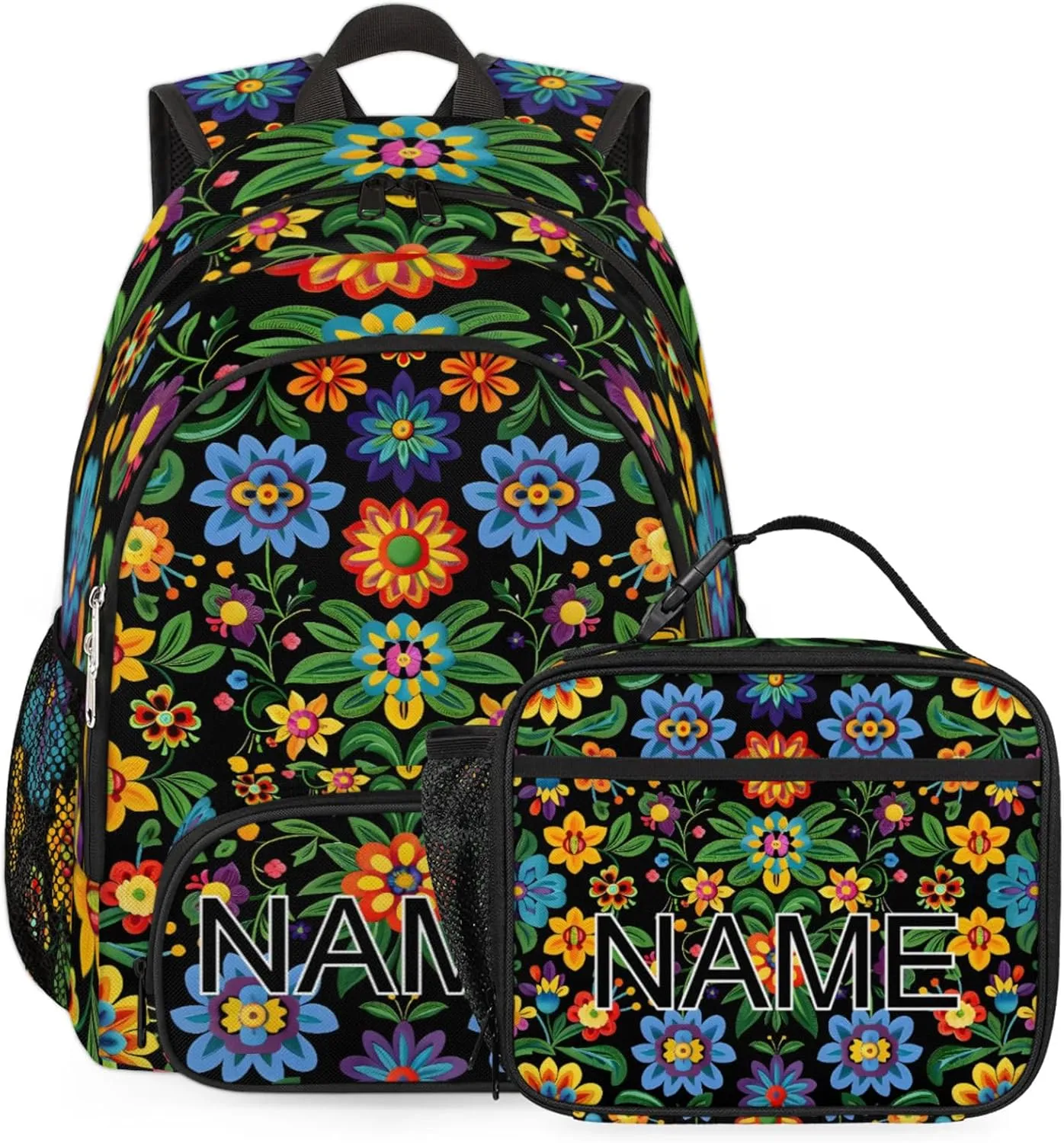 Custom Mexican Floral Backpack and Lunch Box Set Personalized Backpack with Name, Customized Vintage Retro Lightweight Waterproof Travel Casual Daypacks
