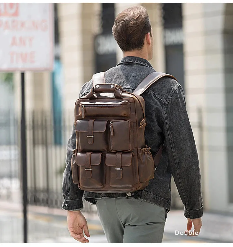 Custom ODM &OEM Retro Genuine Crazy Horse Leather Men Laptop Backpack Luxury Vintage Pure Real Cow Leather Backpack Man