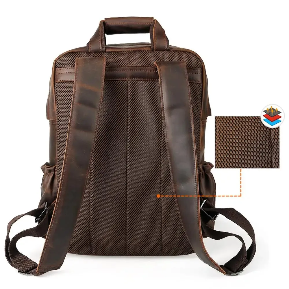 Custom ODM &OEM Retro Genuine Crazy Horse Leather Men Laptop Backpack Luxury Vintage Pure Real Cow Leather Backpack Man