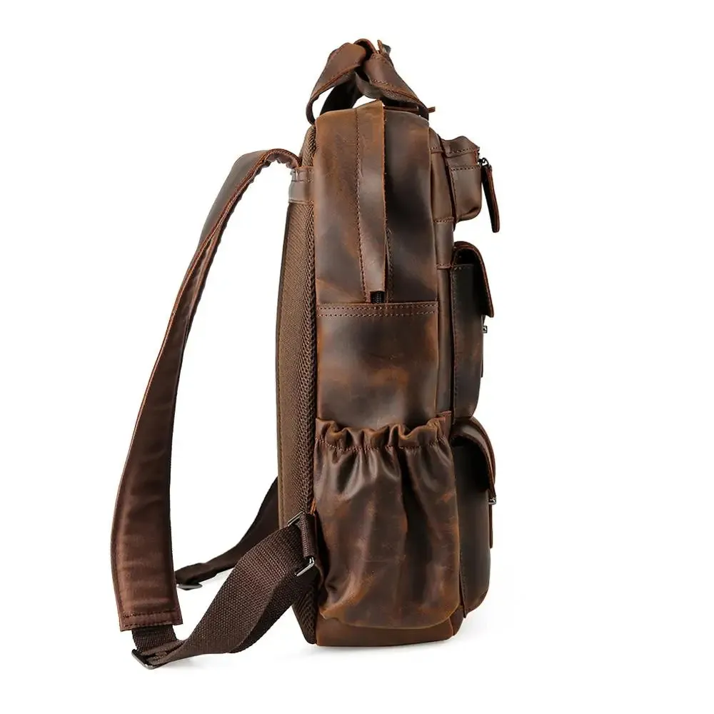 Custom ODM &OEM Retro Genuine Crazy Horse Leather Men Laptop Backpack Luxury Vintage Pure Real Cow Leather Backpack Man