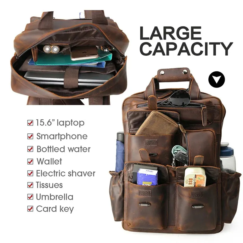 Custom ODM &OEM Retro Genuine Crazy Horse Leather Men Laptop Backpack Luxury Vintage Pure Real Cow Leather Backpack Man