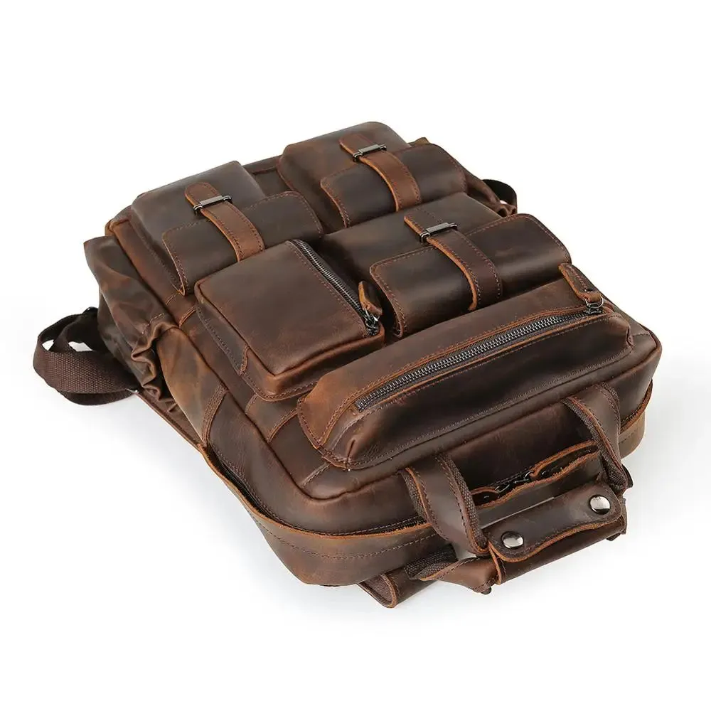 Custom ODM &OEM Retro Genuine Crazy Horse Leather Men Laptop Backpack Luxury Vintage Pure Real Cow Leather Backpack Man