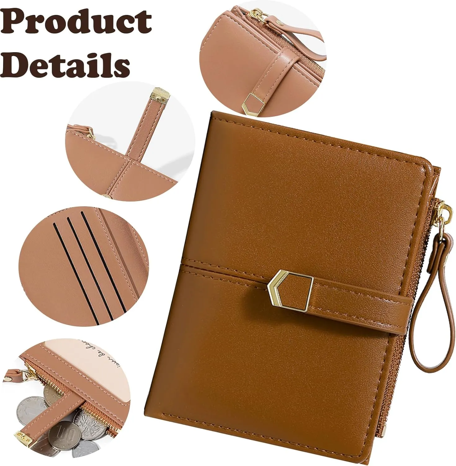 Cute Brown Small Wallet for Women and Girls Minimalist Leather Coin Purse with Simple Buckle Kawaii Travel Wallet with ID Window Compact Cash Wallet for Ladies and Teens