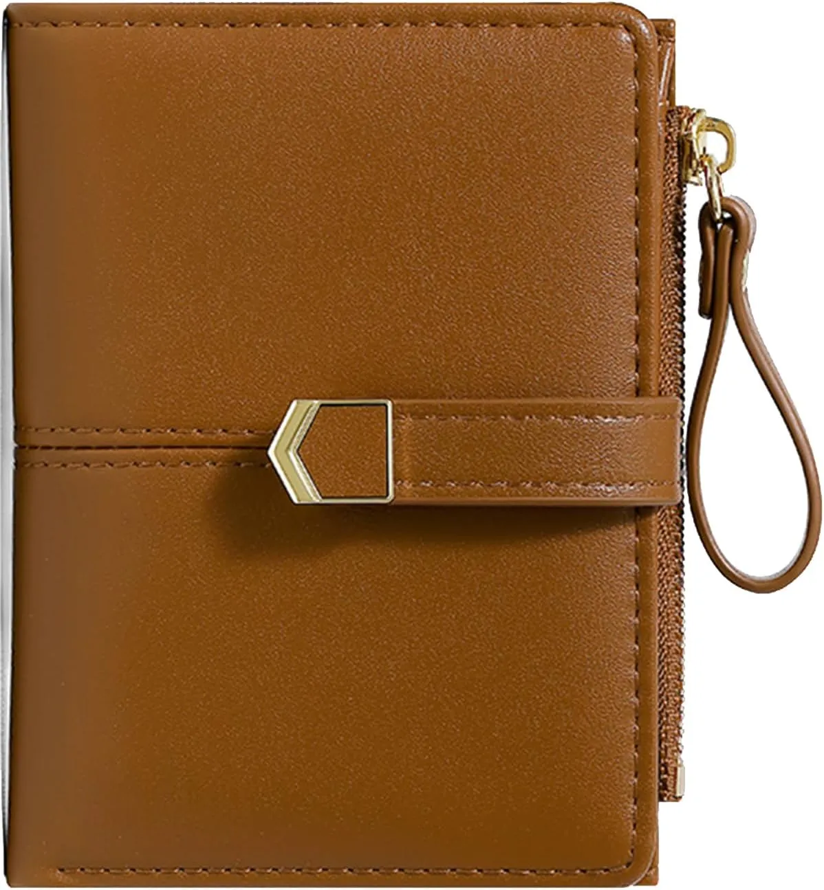 Cute Brown Small Wallet for Women and Girls Minimalist Leather Coin Purse with Simple Buckle Kawaii Travel Wallet with ID Window Compact Cash Wallet for Ladies and Teens
