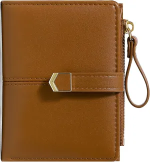 Cute Brown Small Wallet for Women and Girls Minimalist Leather Coin Purse with Simple Buckle Kawaii Travel Wallet with ID Window Compact Cash Wallet for Ladies and Teens