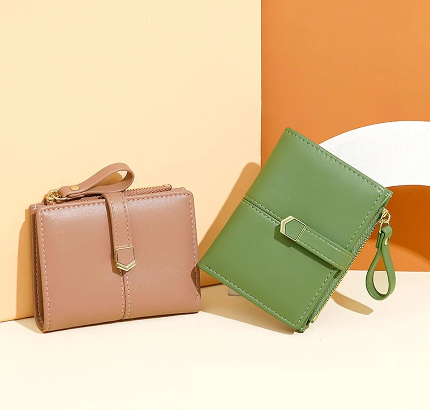Cute Brown Small Wallet for Women and Girls Minimalist Leather Coin Purse with Simple Buckle Kawaii Travel Wallet with ID Window Compact Cash Wallet for Ladies and Teens