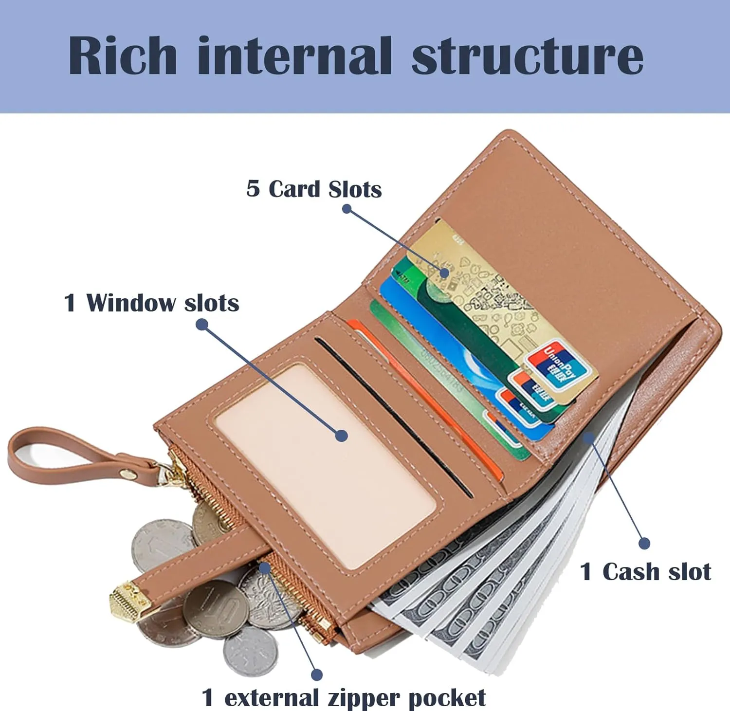 Cute Brown Small Wallet for Women and Girls Minimalist Leather Coin Purse with Simple Buckle Kawaii Travel Wallet with ID Window Compact Cash Wallet for Ladies and Teens
