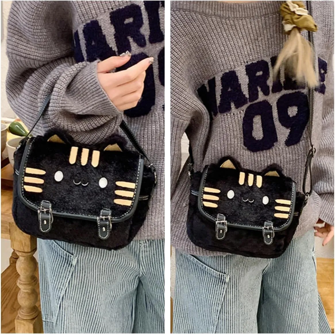 Cute Cat Handbag Cat Plush Novelty Tote Creativity 3D Cat Shoulder Bag CrossBody Bag