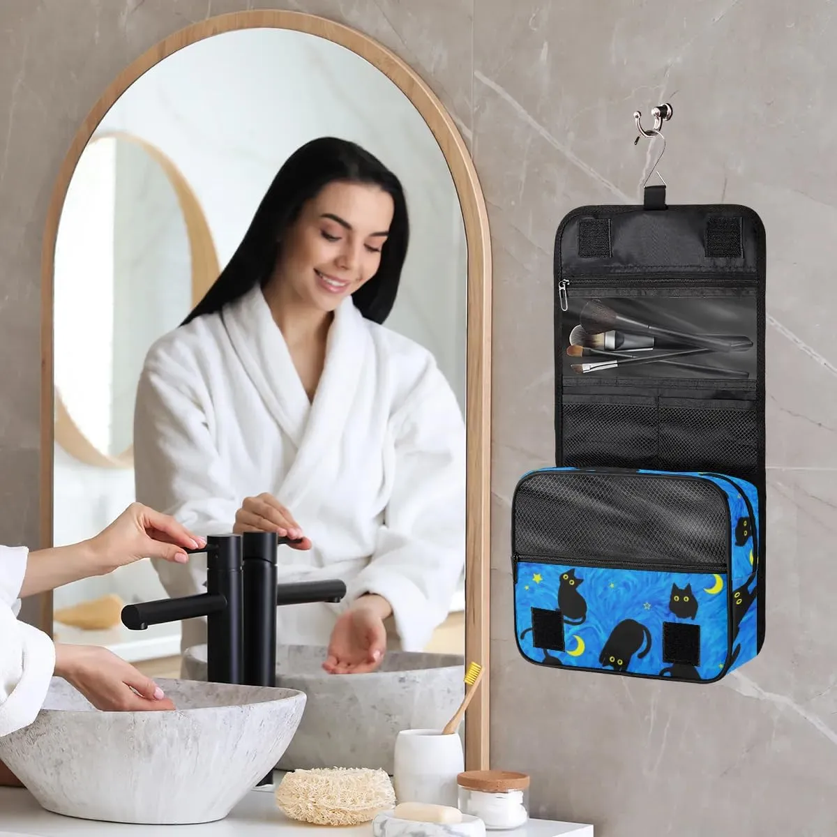 Cute Cat Travel Toiletry Bag with Hanging Hook for Women and Girls, DeepSkyBlue Cosmetic Makeup Case Organizer for Accessories, Shampoo, Full Sized Container, Toiletries