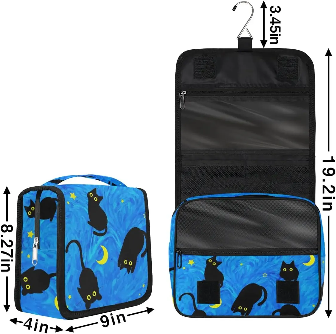 Cute Cat Travel Toiletry Bag with Hanging Hook for Women and Girls, DeepSkyBlue Cosmetic Makeup Case Organizer for Accessories, Shampoo, Full Sized Container, Toiletries