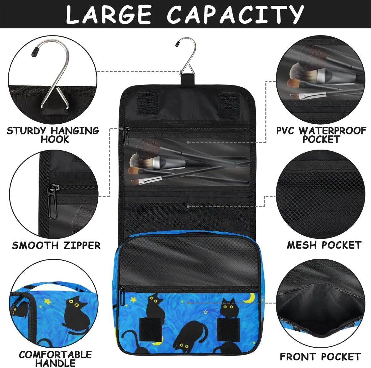 Cute Cat Travel Toiletry Bag with Hanging Hook for Women and Girls, DeepSkyBlue Cosmetic Makeup Case Organizer for Accessories, Shampoo, Full Sized Container, Toiletries