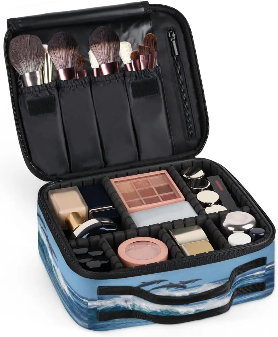 Cute Dolphins Makeup Train Case Travel Makeup Bag Professional Cosmetic Organizer Portable Storage Box with Adjustable Dividers for Cosmetics Makeup Brushes Toiletry