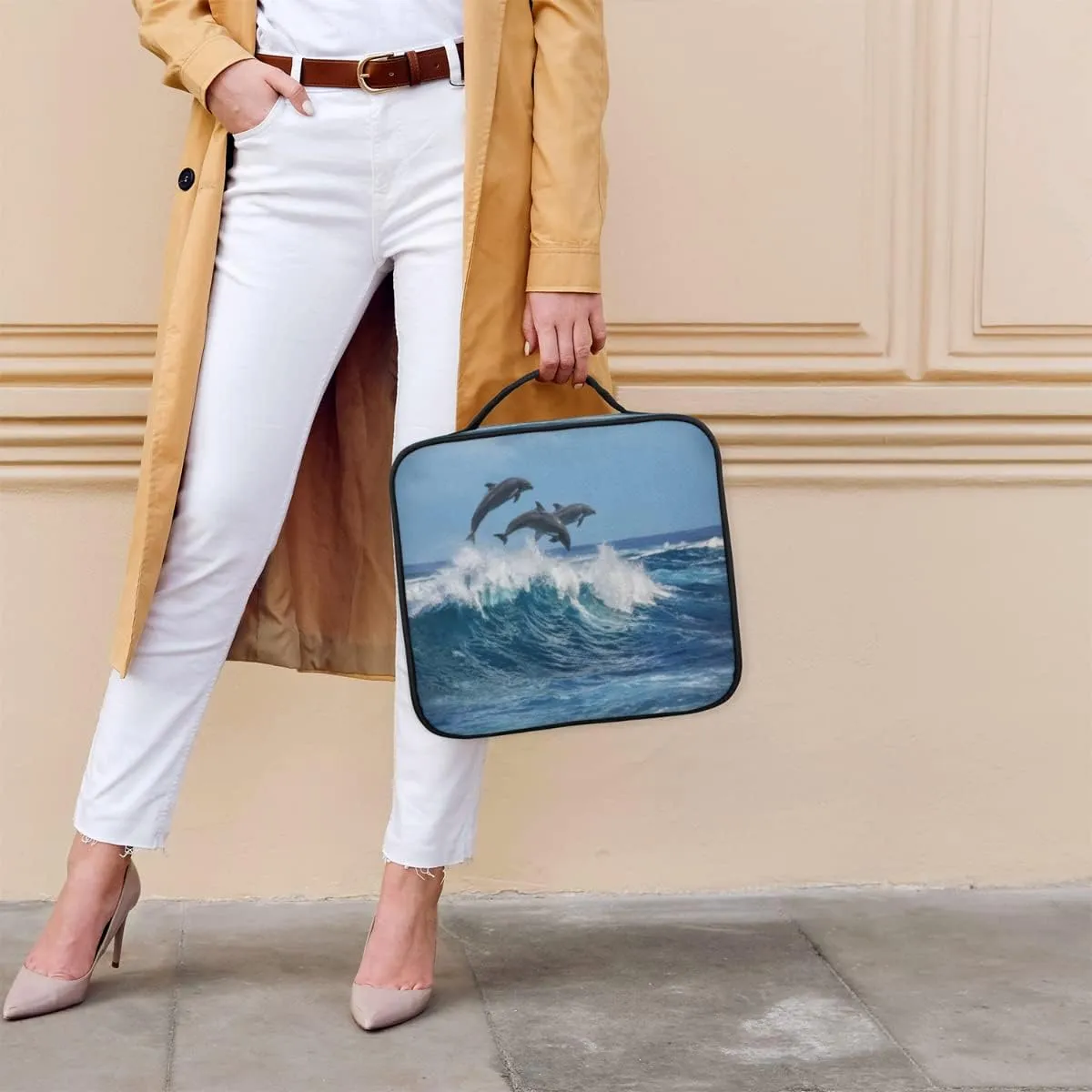Cute Dolphins Makeup Train Case Travel Makeup Bag Professional Cosmetic Organizer Portable Storage Box with Adjustable Dividers for Cosmetics Makeup Brushes Toiletry