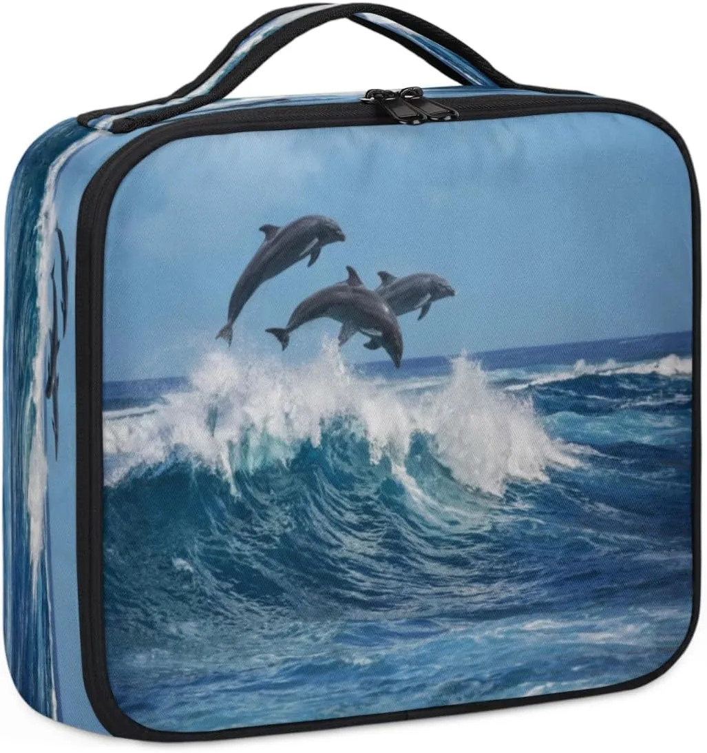 Cute Dolphins Makeup Train Case Travel Makeup Bag Professional Cosmetic Organizer Portable Storage Box with Adjustable Dividers for Cosmetics Makeup Brushes Toiletry