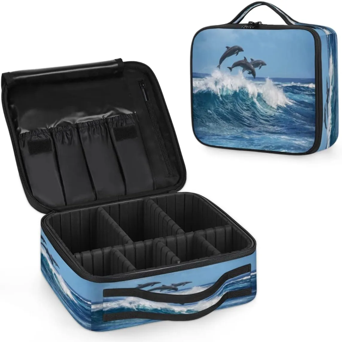 Cute Dolphins Makeup Train Case Travel Makeup Bag Professional Cosmetic Organizer Portable Storage Box with Adjustable Dividers for Cosmetics Makeup Brushes Toiletry