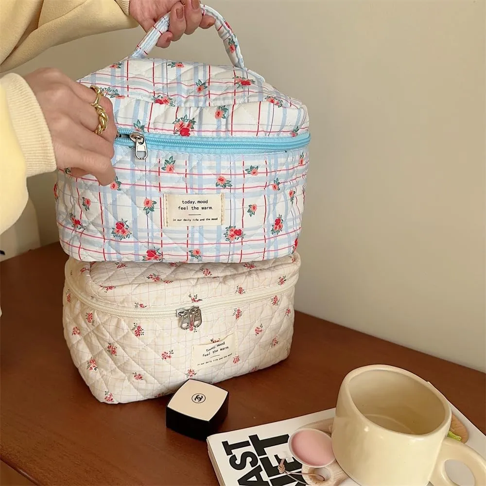 Cute Makeup Bag Cotton Quilted Toiletry Bag Floral Aesthetic Cosmetic Bag Kawaii Puffy Coquette Travel Organizer Pouch Purse for Women (Blue Plaid Flower)