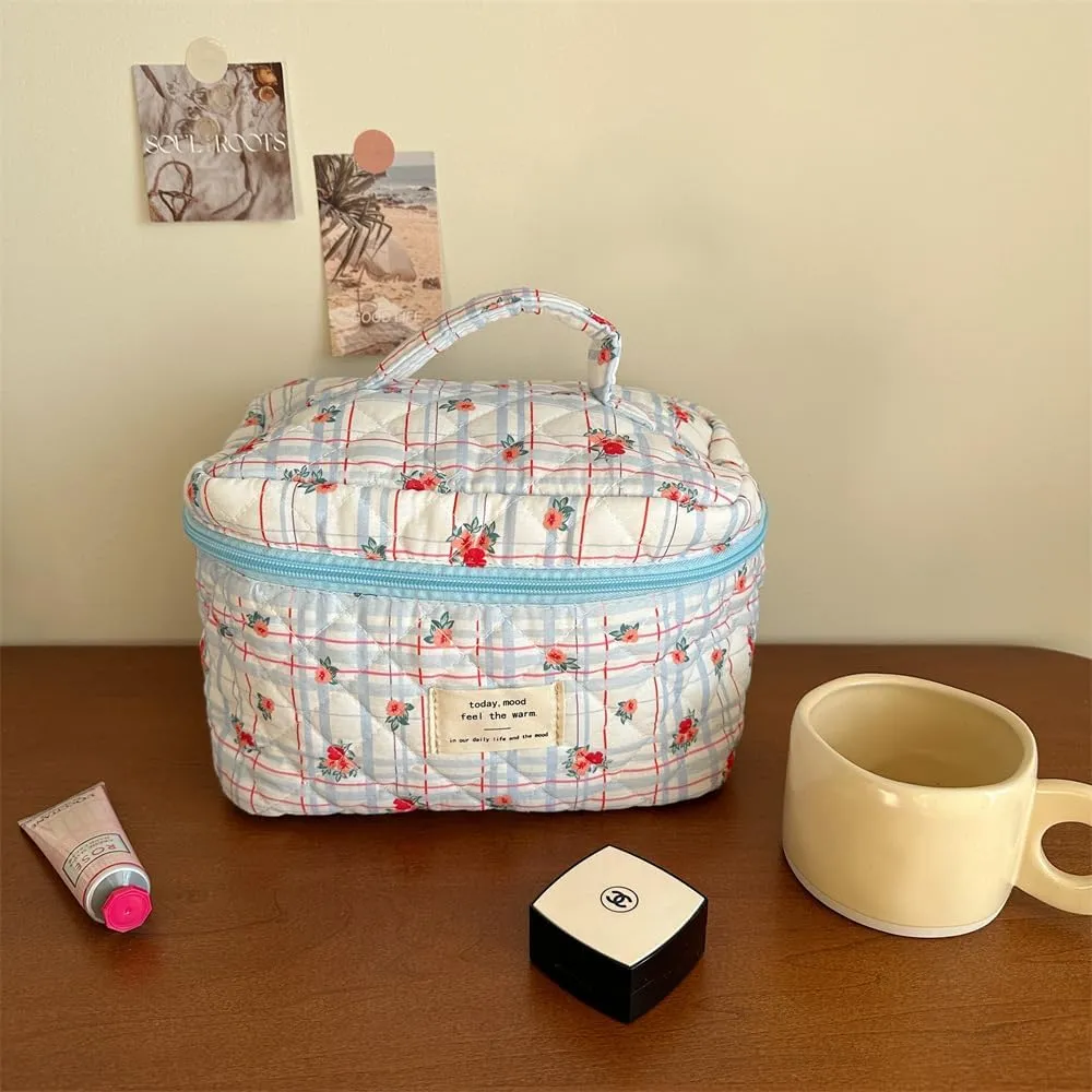 Cute Makeup Bag Cotton Quilted Toiletry Bag Floral Aesthetic Cosmetic Bag Kawaii Puffy Coquette Travel Organizer Pouch Purse for Women (Blue Plaid Flower)