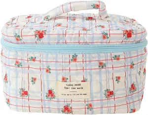 Cute Makeup Bag Cotton Quilted Toiletry Bag Floral Aesthetic Cosmetic Bag Kawaii Puffy Coquette Travel Organizer Pouch Purse for Women (Blue Plaid Flower)