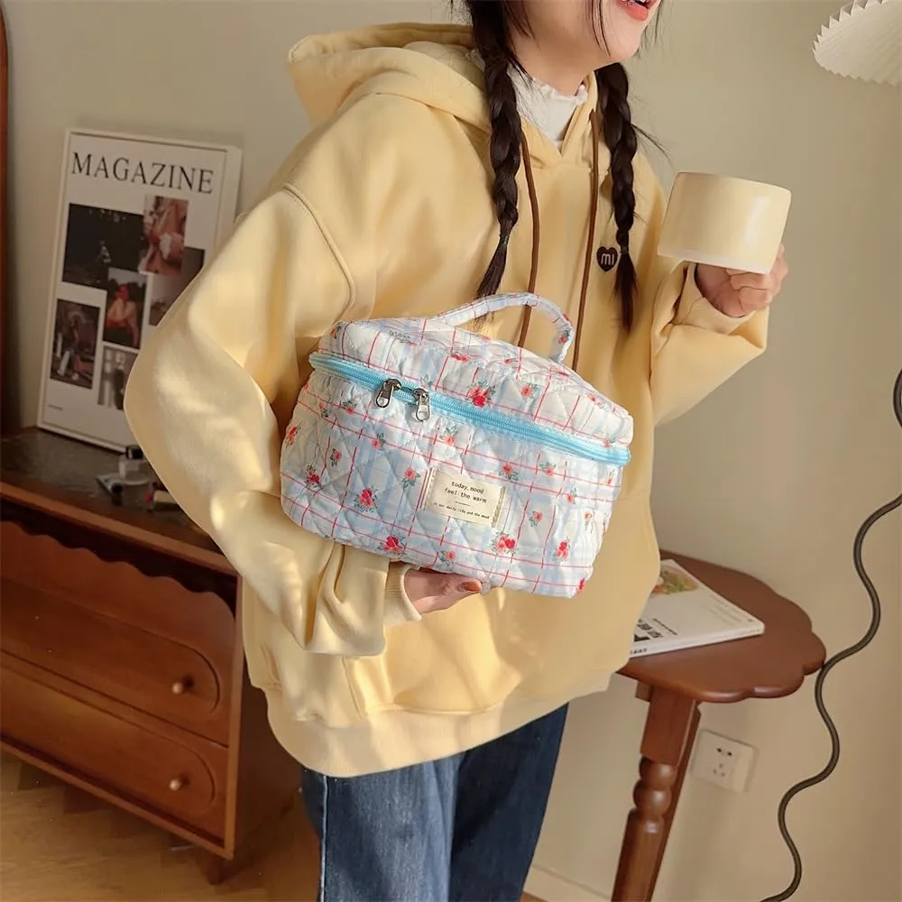 Cute Makeup Bag Cotton Quilted Toiletry Bag Floral Aesthetic Cosmetic Bag Kawaii Puffy Coquette Travel Organizer Pouch Purse for Women (Blue Plaid Flower)