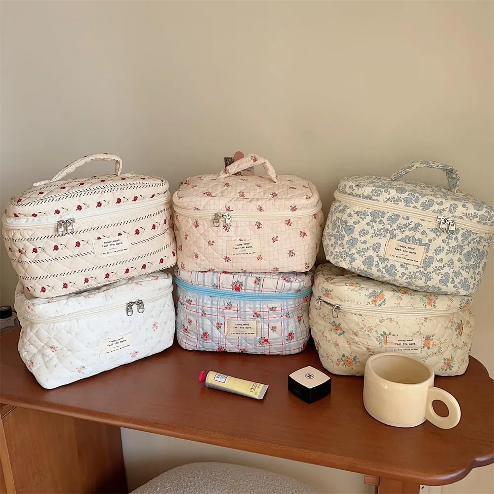 Cute Makeup Bag Cotton Quilted Toiletry Bag Floral Aesthetic Cosmetic Bag Kawaii Puffy Coquette Travel Organizer Pouch Purse for Women (Blue Plaid Flower)