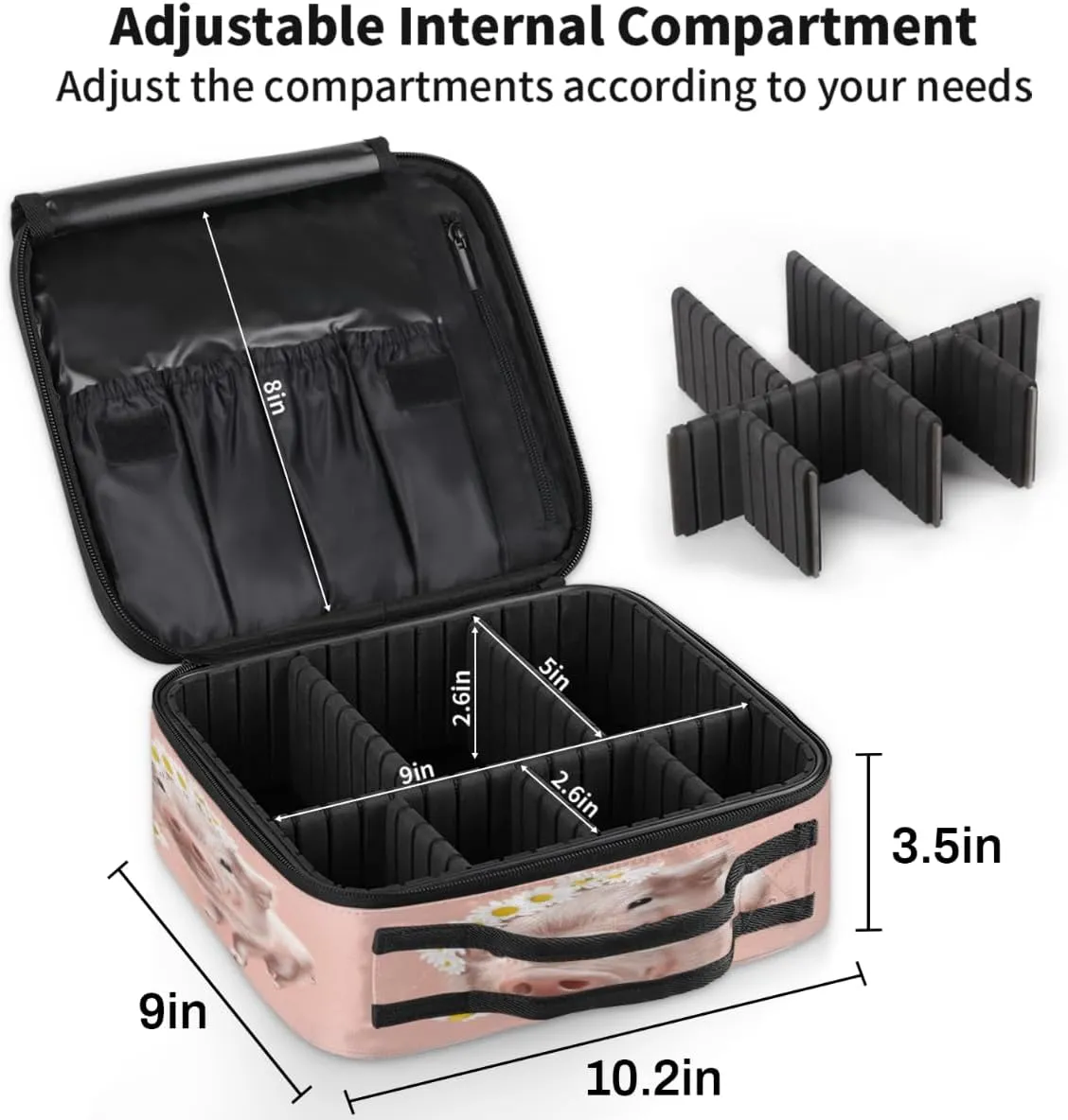 Cute Pig Daisy Makeup Train Case Travel Makeup Bag Professional Cosmetic Organizer Portable Storage Box with Adjustable Dividers for Cosmetics Makeup Brushes Toiletry
