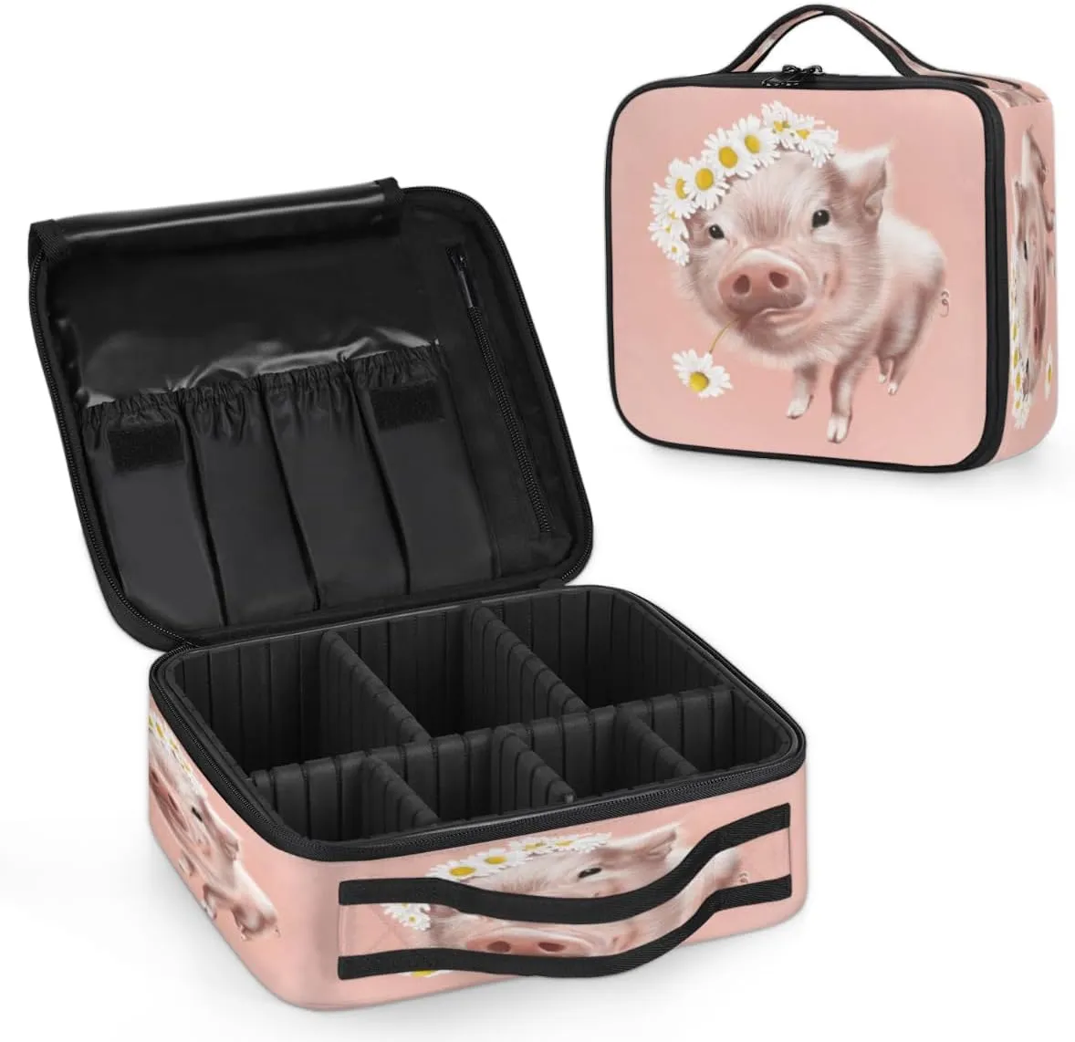 Cute Pig Daisy Makeup Train Case Travel Makeup Bag Professional Cosmetic Organizer Portable Storage Box with Adjustable Dividers for Cosmetics Makeup Brushes Toiletry