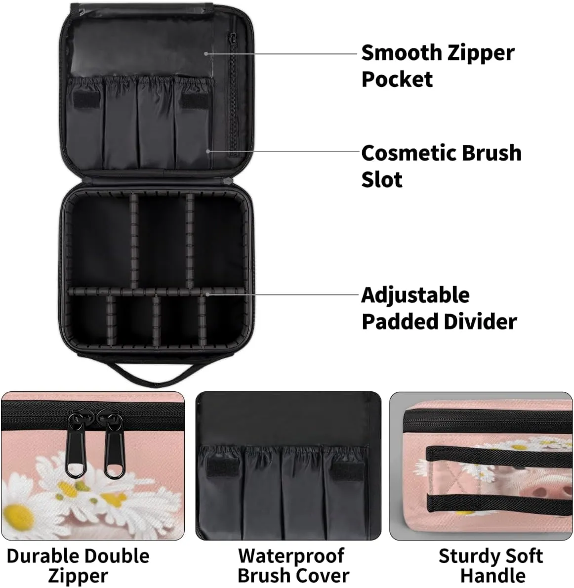 Cute Pig Daisy Makeup Train Case Travel Makeup Bag Professional Cosmetic Organizer Portable Storage Box with Adjustable Dividers for Cosmetics Makeup Brushes Toiletry