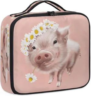 Cute Pig Daisy Makeup Train Case Travel Makeup Bag Professional Cosmetic Organizer Portable Storage Box with Adjustable Dividers for Cosmetics Makeup Brushes Toiletry
