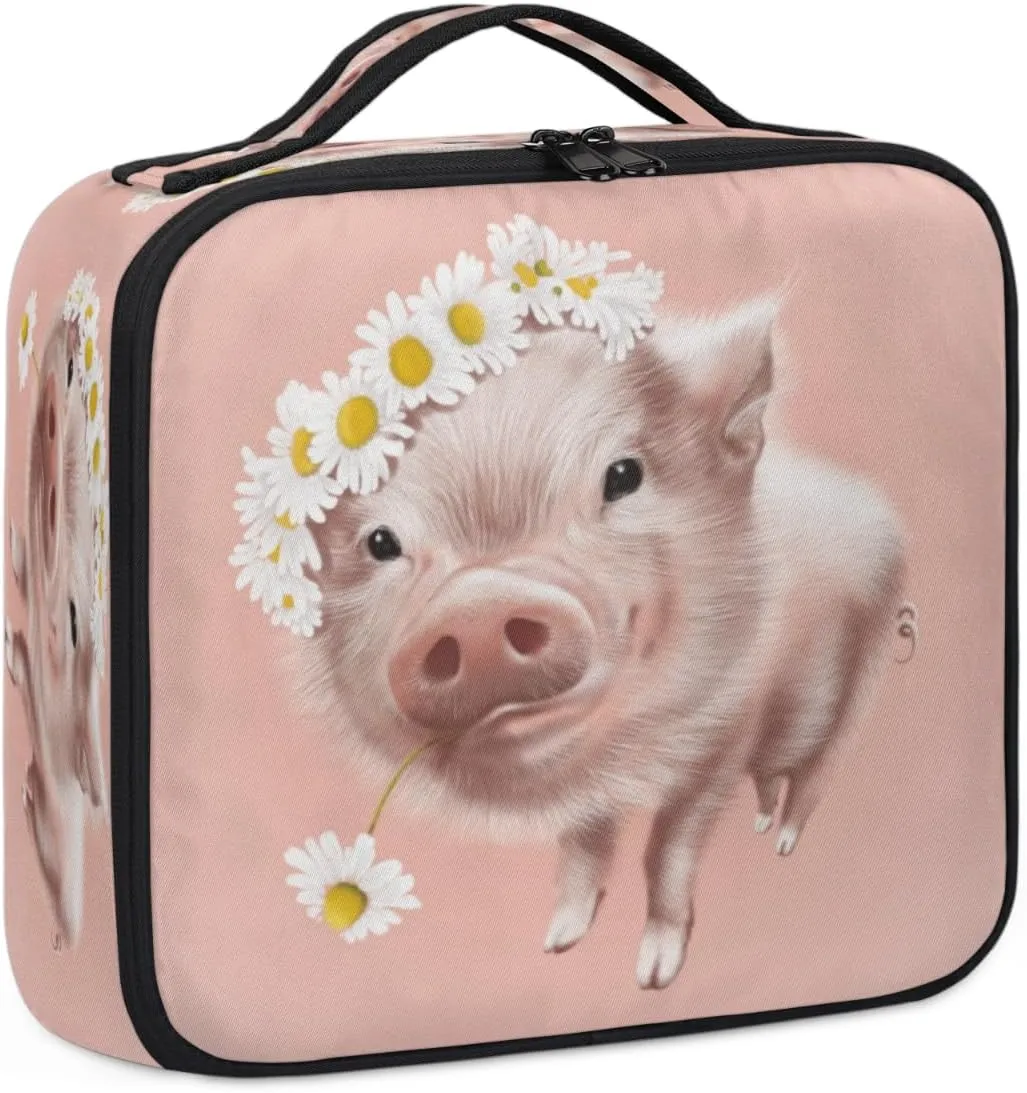 Cute Pig Daisy Makeup Train Case Travel Makeup Bag Professional Cosmetic Organizer Portable Storage Box with Adjustable Dividers for Cosmetics Makeup Brushes Toiletry